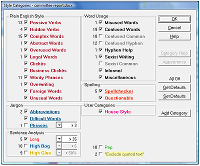 StyleWriter's different writing style categories