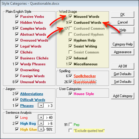 StyleWriter's Questionable Words Style Checker